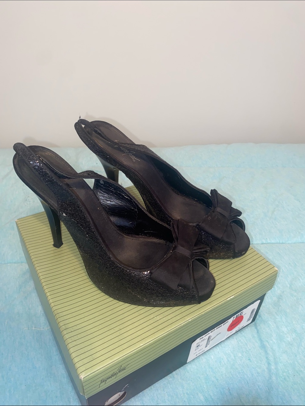 belk Black Glitter Peep-Toe Slingback Heels with Bow Accent